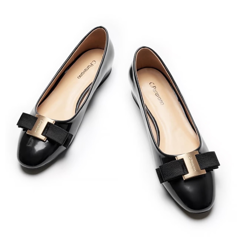 Caparros Elegant Black Flats with Gold Bow